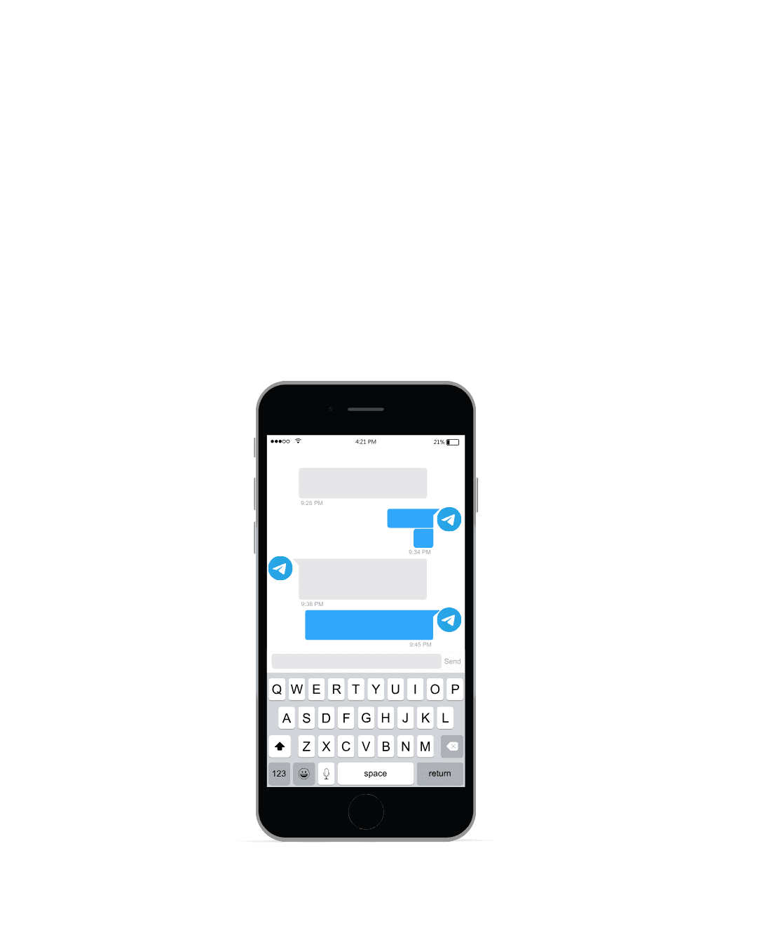 Smartphone screen showing messaging app interface with text conversation and keyboard.