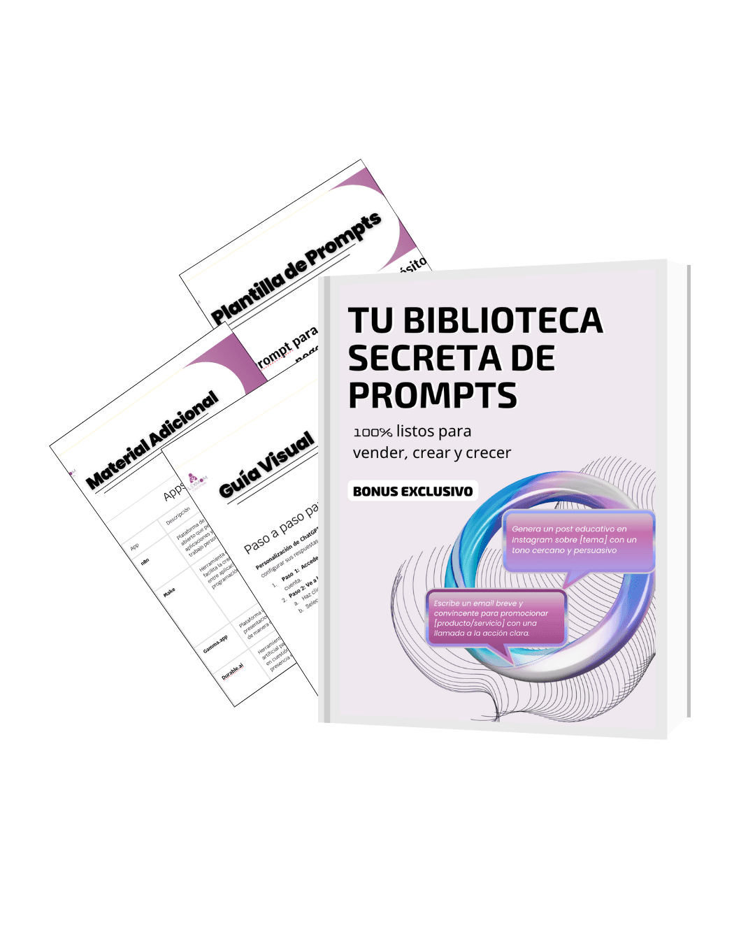 Cover and additional materials for a secret prompt library in Spanish, featuring visual guides and templates.